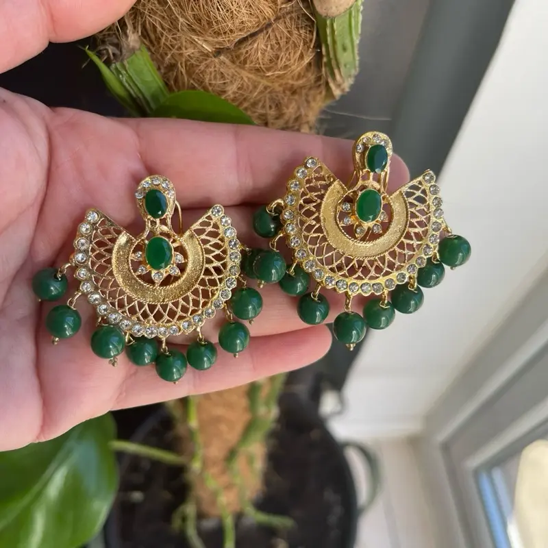 Stunning Green and Gold Indian/Pakistani Party Earrings for Women - Traditional Design 1