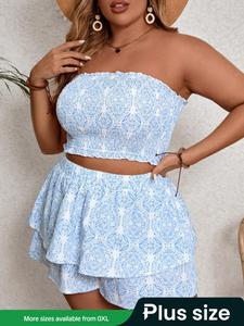 【Plus Size】 Ethnic Pattern Crop Sleeveless Tube Top & Shorts Two-piece Set, Boho Fashion Casual Top & Shorts for Daily Holiday Vacation Wear, Women's Two-piece for Summer, Clothes, Chic, Bohemian Womenswear, Cute Two Piece Sets