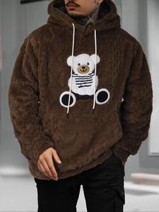 Men's Cartoon Bear Embroidery Drawstring Hoodie, Casual Comfy Long Sleeve Hooded Sweatshirt for Fall & Winter, Men's Clothes for Daily Wear