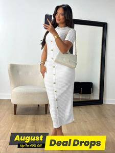 Women's Plain Zipper Back Round Neck Dress, Casual Fake Button Decor  Short Sleeve Crew Neck Dress for Daily Wear, Ladies Clothes for All Seasons