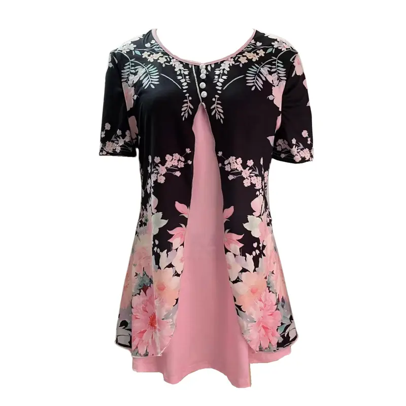 Floral Print Faux Peal Decor T-Shirt, Casual V Neck Short Sleeve Top For Spring & Summer, Women's Clothing 5