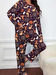 【plus Size】 Two-piece Set Round Neck Tee & Pants Pyjama, Casual Comfy Halloween Print Long Sleeve T-shirt & Trousers Pj Set, Women's Sleepwear, Autumn Winter Wear