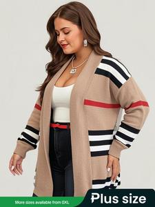 【Plus Size】 Striped Print Drop Shoulder Long Cardigan, Casual Long Sleeve Open Front Knitwear for Fall & Winter, Women's Plus Clothing for Daily Wear