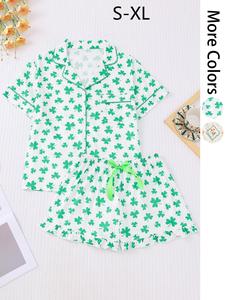 Women's All Over Print Crop Top & Shorts Pyjama Two-piece Set, Casual Comfy Short Sleeve Lapel Neckline Top & Shorts PJ Set, Ladies Sleepwear for Summer