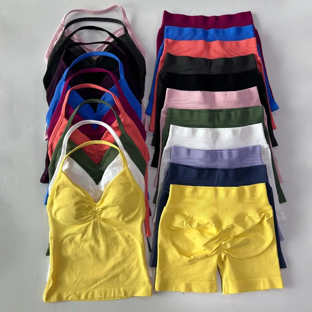 2Pcs  Gym Set Women Backless Tank Tops High Waist Scrunch Seamless Shorts Gym Suit Fitness Clothes Activewear Workout Sets