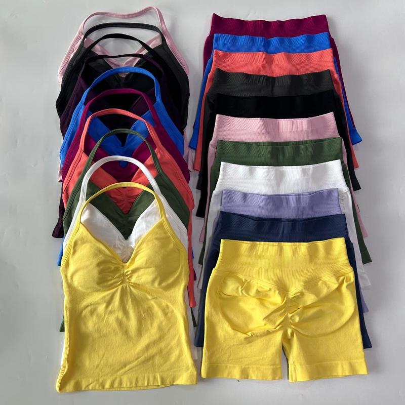 2Pcs  Gym Set Women Backless Tank Tops High Waist Scrunch Seamless Shorts Gym Suit Fitness Clothes Activewear Workout Sets 0