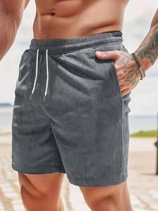Men's Letter Tape Waist Corduroy Shorts, Loose Casual Comfy Breathable Shorts for Summer, Men's Bottoms for Beach Vacation