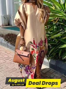 Women's Floral Print Split Hem Notched Neck Dress, Boho Fashion Casual Batwing Sleeve Long Dress for Daily Holiday Vacation Wear, Ladies Dress for All Seasons