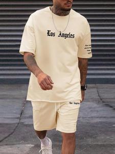 Two-Piece Set Men's Letter Print Tee & Drawstring Waist Shorts Set, Regular Fit Casual Short Sleeve T-shirt & Pocket Track Shorts, Men's Summer Clothes, Clothing