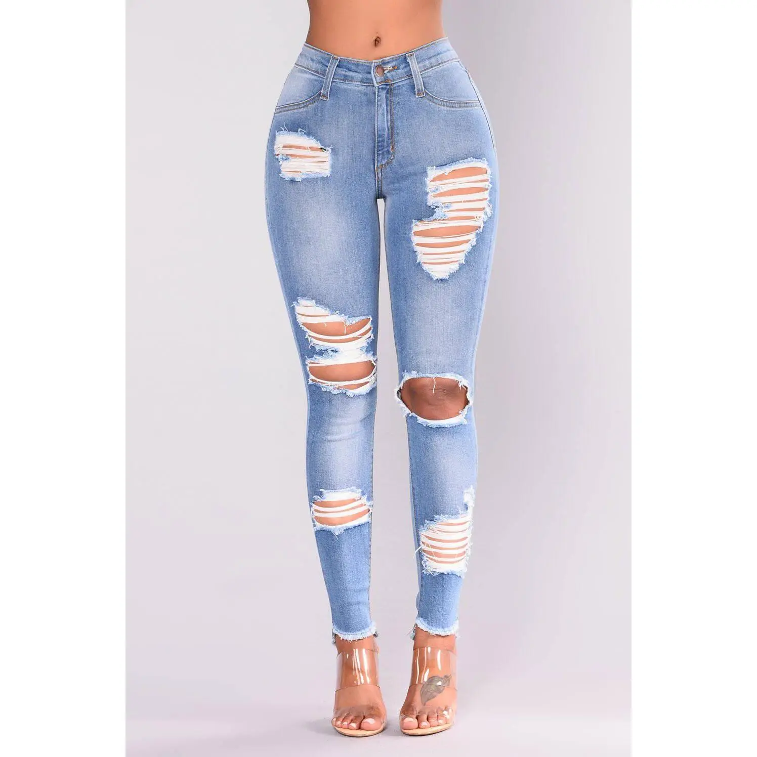 Europe and The United States New Fashion Elastic Ripped Pencil Jeans, Women's Spring and Autumn Slim-fit Small Leg Pants Jeans