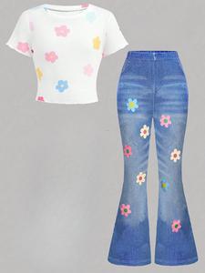 Girl's Floral Print Tee & Flare Leg Denim-effect Print Pants Two-piece Set, Casual Fashion Round Neck Short Sleeve T-shirt & Bell Bottom Denim-effect Print Pants for Daily Outdoor Wear, Kids Clothing for Summer, Clothes Kids