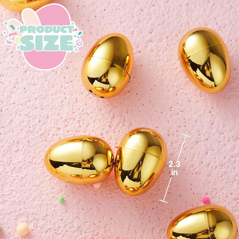 Product Introduction of 36 Pieces Shiny Golden Metallic Easter Eggs 2.3" In Gold Color For Filling Specific Treats Set 7