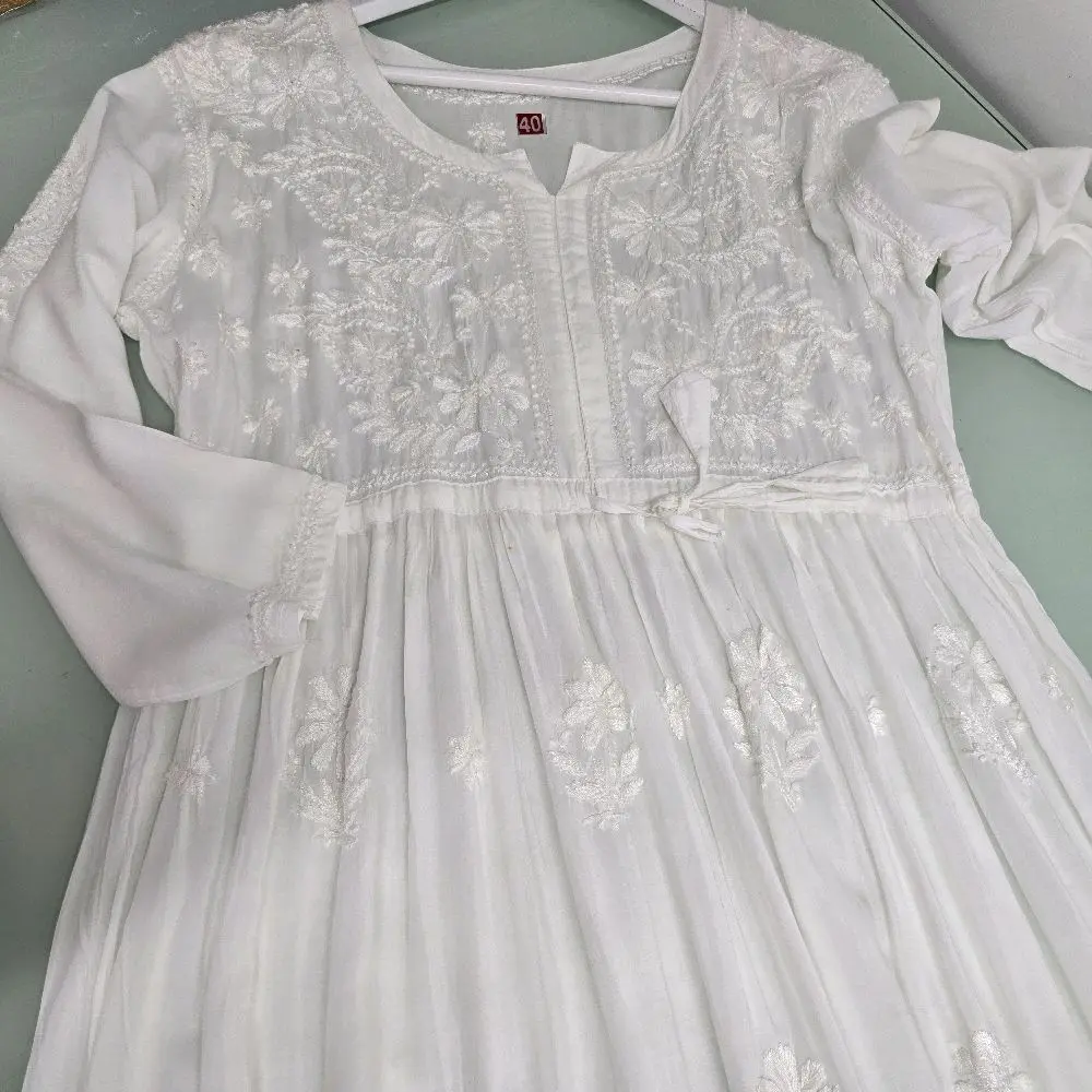 Hand Embroidered White fabric Linen Dress for Women - Casual Style - Womenswear Summer Comfortable
