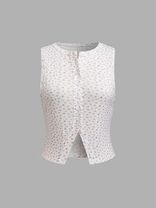 Women's Floral Print Top, Casual Fitted Sleeveless Round Neck Top for Daily Wear, Ladies Clothes for Summer, Womenswear