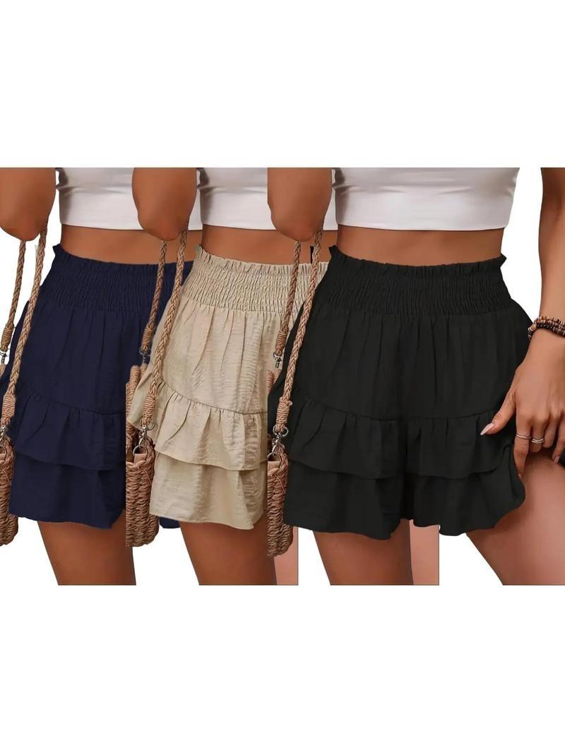 Product Introduction of Women's Frill Trim Ruffle Hem Shirred Shorts, Boho Casual Shorts for Spring & Summer, Summer Shorts for Women, Back To School, Ladies Elegance Minimalist Shorts, Wide Leg Shorts for Women, Ruffle Shorts, Going Out Bottoms 14