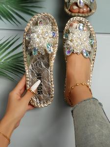 Women's Faux Pearl & Rhinestone Decorated Slide Sandals, Bohemian Sandals, Casual Open Toe Summer Shoes, E  Lightweight Slide Sandals, Cute Fashionable Slippers for Daily Wear, Footwear