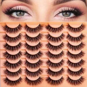 False Eyelashes, 14 Pairs, D Curl Russian Strip Lashes 17mm Curly Fake Eye Lashes, 3D Effect, Black cotton stalk, Soft&Lightweight, Reusable, Natural Look, New Lashes, False Eyelashes for Women