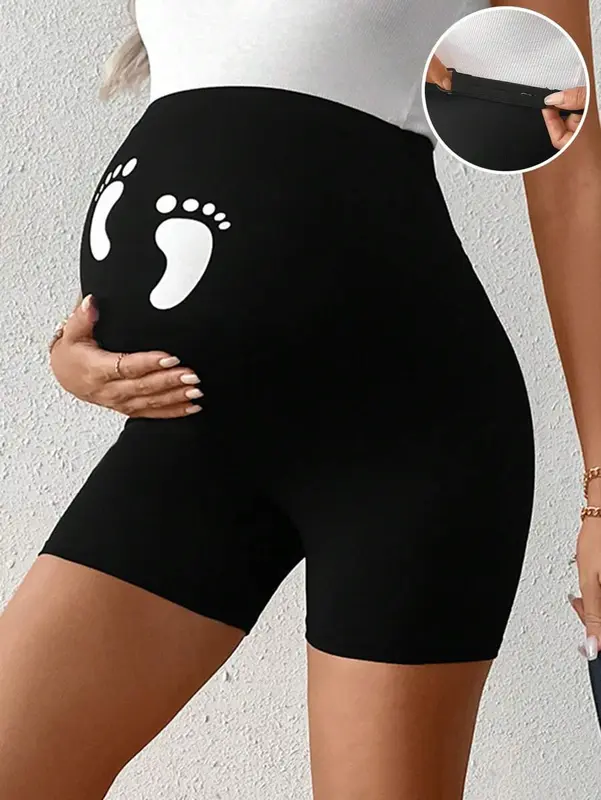 Maternity Adjustable Waist Baby Footprint Printed Short Casual Leggings 0