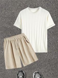 Men's Solid Short Sleeve Tee & Pocket Shorts Set, Regular Fit Casual Round Neck T-shirt & Drawstring Waist Shorts, Men's Summer Clothes