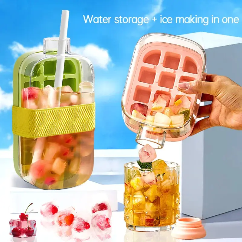 2-in-1 Ice Cube Bottle Silicone Water Cup with Built-in Ice Tray & Lid 500ml Reusable