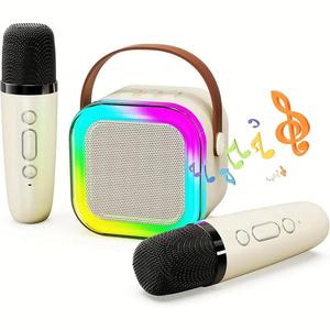 Portable Mini Karaoke Speaker with 2 Microphone, Rechargeable Wireless Outdoor Speaker with RGB Light, Home Singing Karaoke Wireless Outdoor Speaker, Remote Wireless Microphones, Colorful, Multifunction, Neon, Karaoke Machine, Adjustable