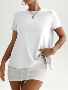 Women's Solid Color Backless Sports Tee, Casual Sporty Comfy Breathable Short Sleeve T-shirt for Yoga Gym Workout, Ladies Sportswear for All Seasons