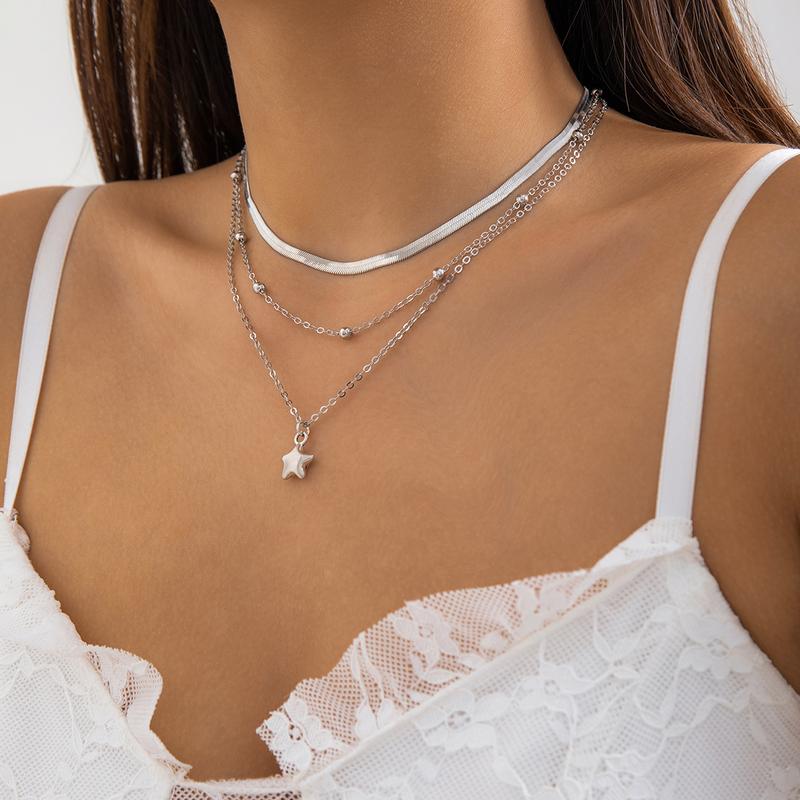 3Pcs Star Pendant Snake Chain Set - Minimalist Layered Necklaces for Women | Y2K Dainty Collarbone Jewelry | Gold Silver Aesthetic Photo Shoot Accessories 3