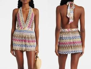 FindFashion Women Sleeveless V-Neck Wave Print Backless Halter Playsuit For Ladies ONE Size (Fits UK 8-12)