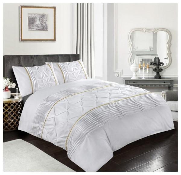Luxury Antoinette Damask Floral Duvet Cover Set – Reversible Polycotton Quilt Cover for Double and King Size Beds, Eleanor Pintuck Stripes Design, Soft 200 Thread Count, Easy Care Summer Bedroom Décor, Buttons Closure, Includes Duvet and Pillow Cases 2