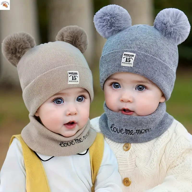 RISELDAJOR  2pcs/Set Soft & Elastic Knitted Beanies for baby, Pom-Pom & Snood with Alphabet Design, Ideal for Casual Attire in Fall/Winter and Birthday Parties 0