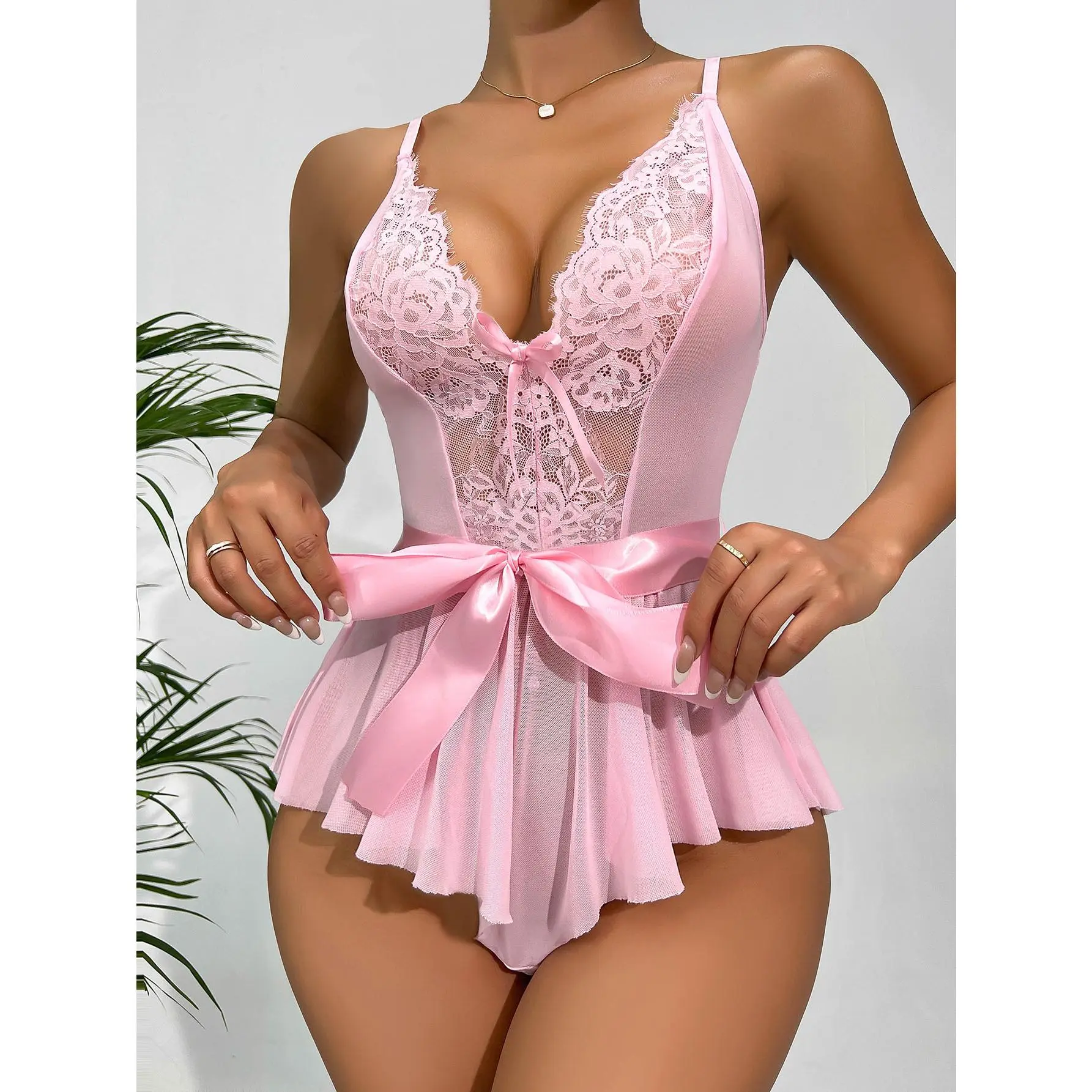 Contrast Lace Bow Front Ruffle Hem Belted Teddy Bodysuit Lingerie