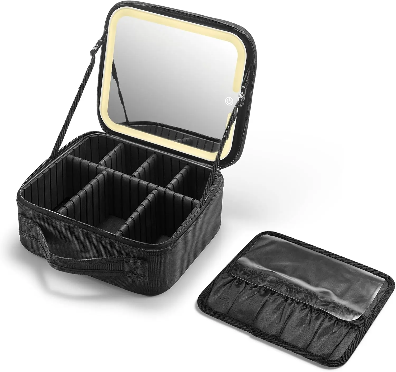 Makeup Bag with LED Mirror, Cosmetic Organizer with Compartments, Oxford Fabric (Black, Small Size)