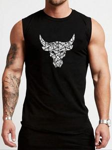 Men's  Bull Head Print Round Neck Tank Top, Casual Quick Drying Breathable Sleeveless Top for Gym Workout Running, Men's Clothes for Summer