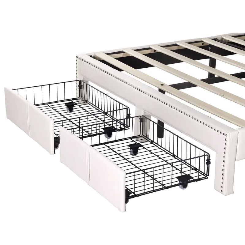 4ft6 Double Upholstered Bed with 2 Storage Drawers, Riveted Storage Bed with Charging and Lighting, Linen Platform Bed Frame No Box Spring Needed, Easy Assembly, Beige (No Mattress) 6