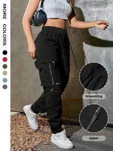 Women's Solid Pocket Drawstring Cargo Pants, Street Fashion Casual Trousers for Daily Wear, Ladies Bottoms for Spring & Fall, Baggy Pants