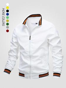 Men's Striped Trim Zip Up Varsity Jacket, Regular Fit Comfort Long Sleeve Pocket Baseball Jacket, Jackets for Men, Men's Spring Clothing, Jackets for Men, Men's Clothing, Menswear, Longsleeves Coats