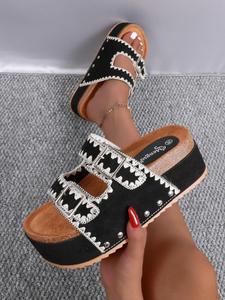 Women's Fashionable Rivet Design Slip on Wedge Sandals, Boho Style Ethnic Pattern Design Sandals for Beach Vacation, Fashionable Wedge Shoes, Non-slip Thick Sole Sandals for Daily Wear