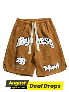 Men's Letter Embroidery Patched Drawstring Waist Suede Shorts, Regular Fit Casual Pocket Design Shorts for Summer, Fashion Men's Bottoms for Daily Wear, Shorts for Men, Brown