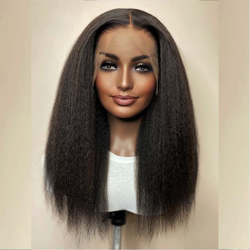 Soft Yaki Preplucked Black Color 26Inch 180Density Kinky Straight Lace Front Wig Synthetic Baby Hair Glueless Daily Wear Wig 3