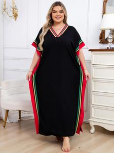 Plus Size Patchwork Print Batwing Sleeve Loose Kaftan Dress, Boho Modest Casual V Neck Split Hem Long Dress, Women's Plus Clothing for Summer Daily Wear, Boho Aesthetic
