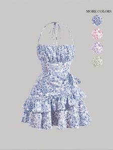 Women's Ditsy Floral Print Ruffle Trim Tie Front Tie Back Cami Dress, Boho Style Backless Tiered Layer Halter Neck Short Dress for Beach Holiday Vacation, Ladies Summer Clothes