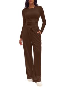 Women's Solid Ruched Tee & Drawstring Waist Pants Lounge Set, Casual Long Sleeve Round Neck Top & Wide Leg Trousers, Ladies Sleepwear for All Seasons