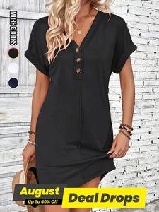 Plain Button Vneck Tee Dress for Women, Minimalist Casual Comfort Shortsleeve Batwing Sleeve Short Dress for Summer, Fashion Women's Basic Dress, Birthday Dresses, Wedding Guest Dress, Casual Dresses, Womenswear, Casual Loose Dress