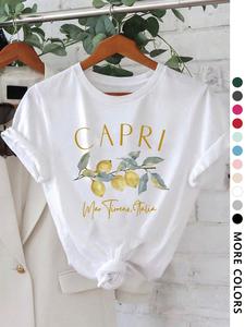 Women's Lemon Print Round Neck Tee, Casual Short Sleeve Crew Neck T-Shirt for Summer, Fashion Women's Top for Daily Wear