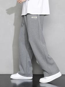 Men's Letter Patched Drawstring Waist Pants, Casual Comfy Pocket Straight Leg Trousers for Fall & Winter, Men's Bottoms for Daily Wear