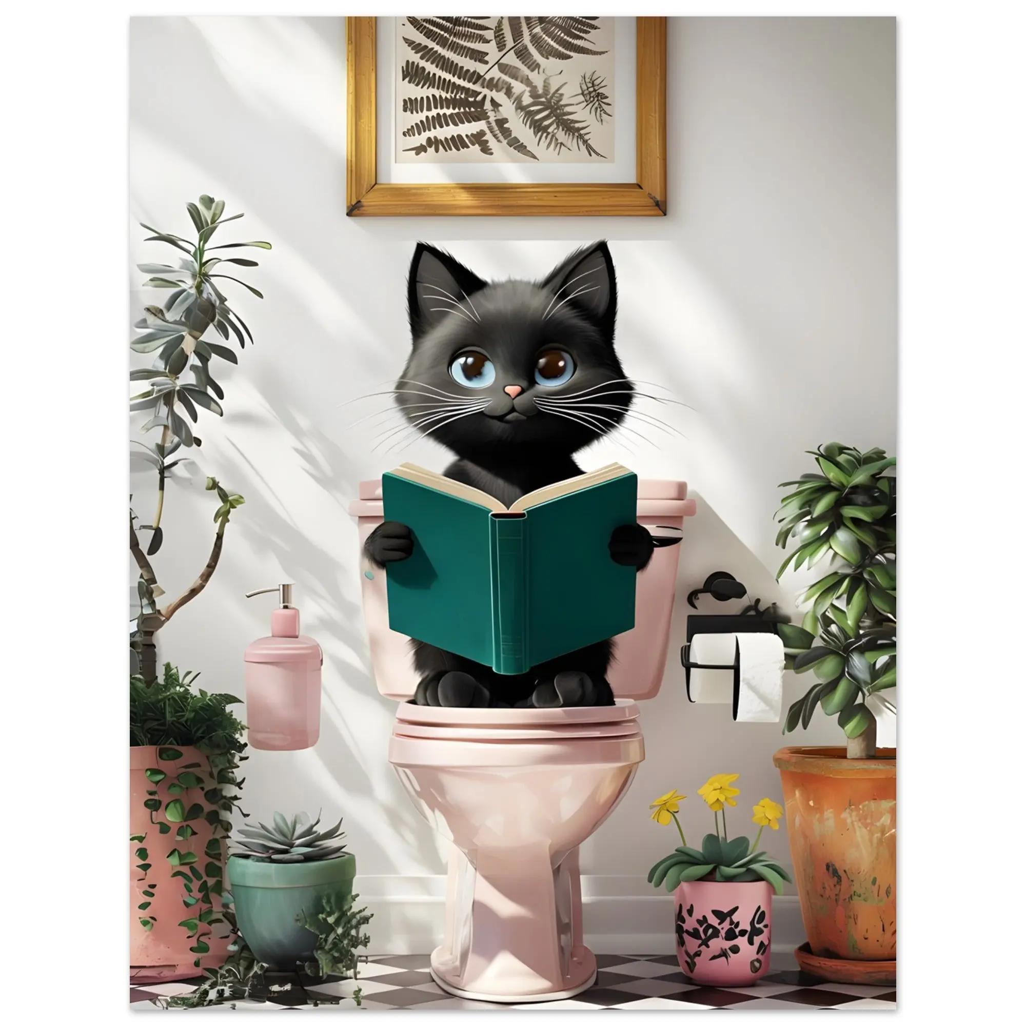 Charming Black Cat on Pink Toilet Poster - Cute Art for Cat Lovers