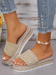 Women's Boho Style Plain Color Slip on Woven Wedge Sandals, Casual Comfortable Wedge Sandals, Fashionable Sandals for Summer Beach Vacation