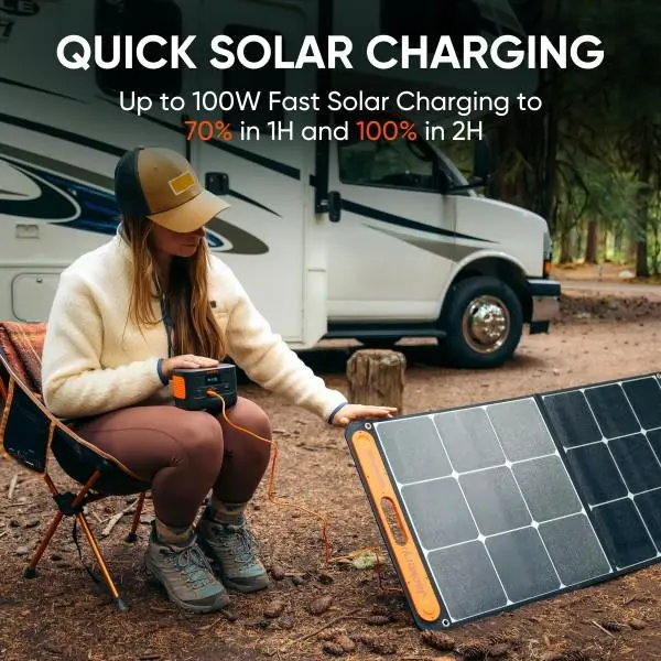 Jackery Explorer 100 Plus Portable Power Station with 40W Mini Book-sized Solar Panel, 99Wh/31000mAh LiFePO4 Battery, 128W Output Backup Power Supply for Outdoor Camping, Travel, Emergency, Home & Business Use, Palm-sized & Faster Charging 3