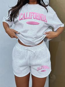 Women's Letter Print Tee & Drawstring Waist Shorts Set, Casual Fashion Cozy Round Neck Short Sleeve T-shirt & Shorts for Daily Outdoor Wear, Ladies Summer Clothes