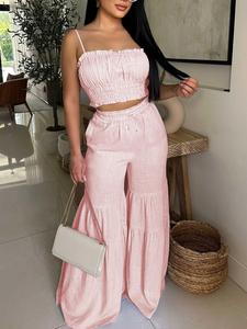 Two-Piece Set Women's Solid Frill Trim Shirred Crop Cami Top & Elastic Waist Wide Leg Pants, Casual Fashion Cozy Clothing Sets for Daily Outdoor Wear, Ladies Clothes for Summer